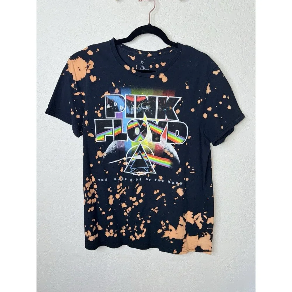 Pink Floyd Graphic T-Shirt Bleach Dye Band Tee Rock Music Large 100% Cotton I